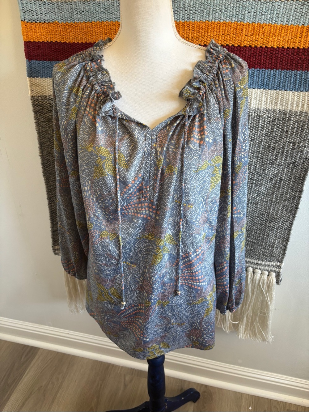 Bohemian Floral Tie-Neck Peasant Blouse - Blue